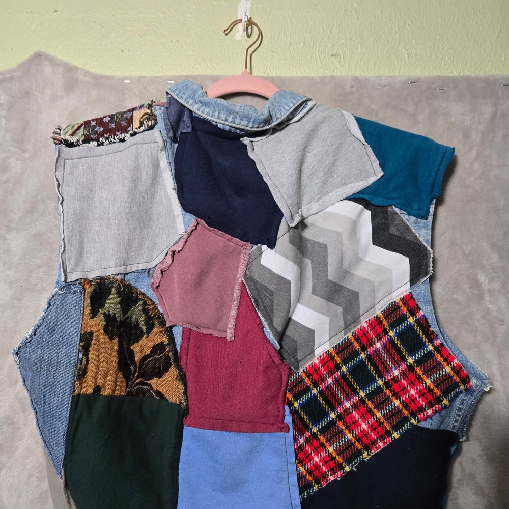 Vintage Style Handmade Patchwork Denim Vest OFAK M‎ Colorful Boho  Y2kJacket - Picture 9 of 9